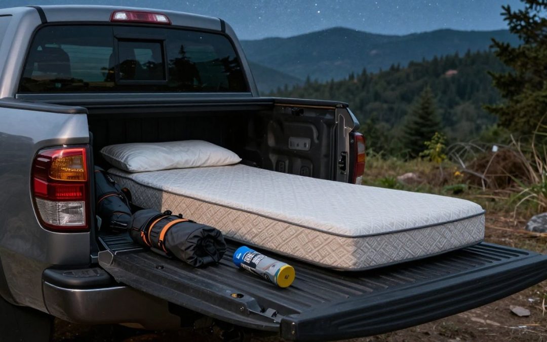 Bakkie bed converted into a cozy sleeping space for camping.