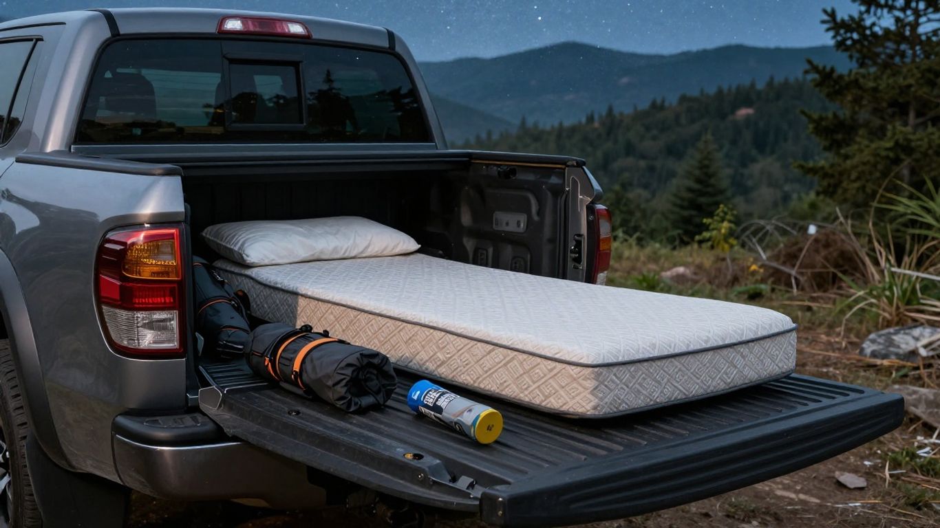Bakkie bed converted into a cozy sleeping space for camping.