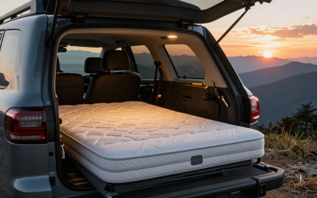 Rooftop tent mattress with mountain view