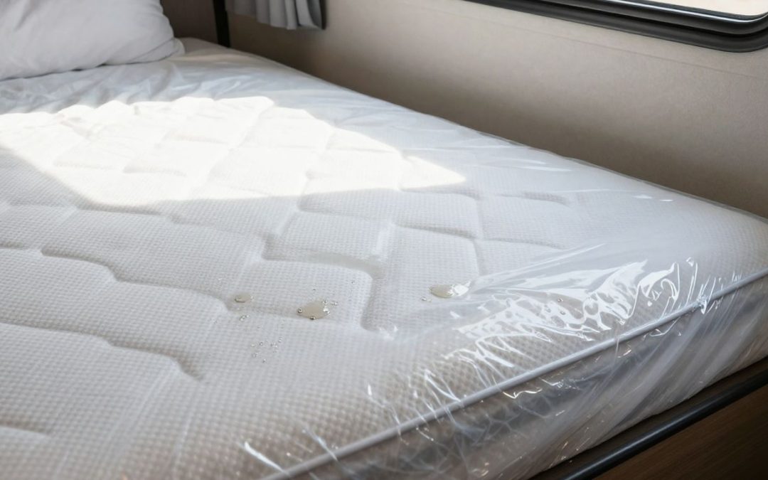 Waterproof caravan mattress repelling a spill